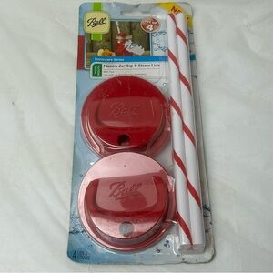 Ball Wide Mouth Mason Jar Lids and Straws Red Set of 4 New